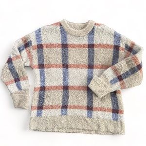 Zara Kids Girls Fuzzy Soft Camel Tan Red Blue Plaid Sweater / Size 10